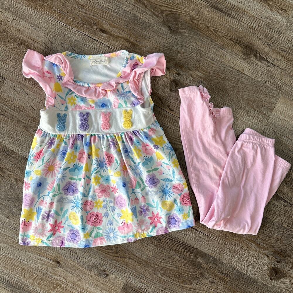 Marie Nichole Girls Large Outfit Easter Short Sleeve Tights Pink Bunny 4 Floral